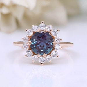Anel de noivado de casamento com pedras preciosas de alexandrita com mudança de cor redonda 925 prata art deco anel vintage para seu aniversário presente para esposa
