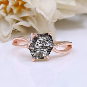 Natural Black Rutile Heaxagon Stone Women Bridal Engagement Wedding Ring 14K Rose Gold 925 Silver Statement Promise Art Deco Ring For Her