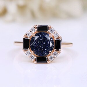 Natural Blue Sandstone Round Stone Wedding Bridal Engagement Ring 14K Rose Gold 925 Silver Statement Promise Art Deco Ring Anniversary Gift
