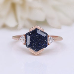 Natural Blue Sandstone Hexagon Stone Women Bridal Engagement Wedding Ring 14K Rose Gold 925 Silver Statement Promise Art Deco Ring For Her