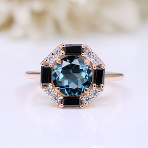 Natural London Blue Topaz Art Deco Statement Ring 14K Rose Gold Promise Engagement Ring Wedding Dainty Anniversary Birthday Proposal Gift