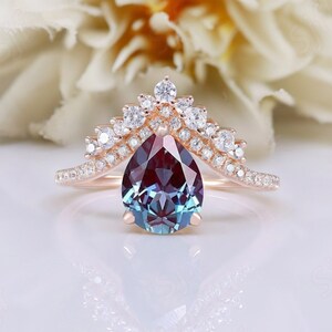 Teardrop Color Change Alexandrite Engagement Ring Beautiful Art Deco 14K Rose Gold Plated Silver Wedding Bridal Ring Christmas Gift For Her