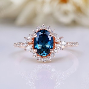 Natürliche London Blautopas Versprechen Verlobungsring Schöne 925 Silber Halo Ring 14K Rose Gold Hochzeit Brautring Weihnachten Frauen Geschenk