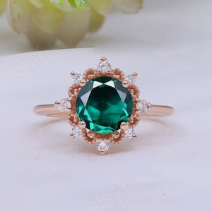 Lab Grown Emerald Engagement Ring 14K Rose Gold Plated Wedding Bridal Ring Moissanite Floral Style Ring Proposal Birthday Promise Gift