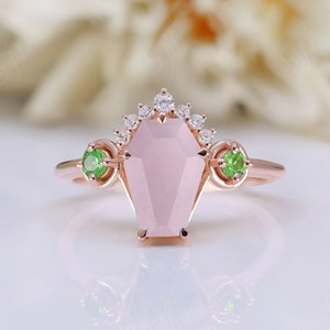 Coffin Cut Rose Quartz Wedding Bridal Engagement Ring 14K Rose Gold Statement Ring tsavorite Accent Women's Christmas Birthday Gift Ring