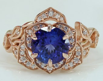 2.30 ct AAA natural violet  blue tanzanite gemstone flower cocktail ring, December birthstone , round tanzanite halo ring 14k rose gold gift