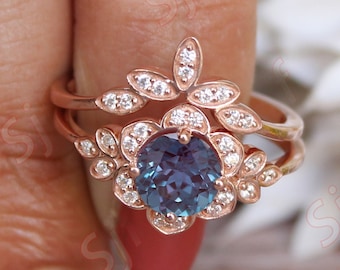 round color change alexandrite gemstone flower floral bridal ring set , wedding ring set , engagement ring set , ring with matching bands