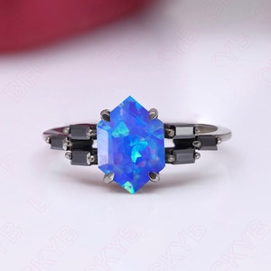 Blue & Green Sea Inspired Hexagon Opal Engagement Ring Baguette Ring 925 Silver Black Rhodium Ring 14K Gold Ring Wedding Ring Promise Ring
