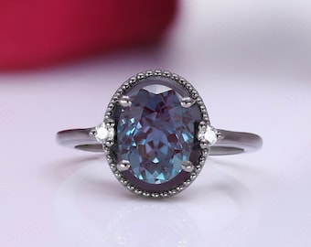 Anillo de compromiso de alejandrita ovalada, plata 925, rodio negro, para aniversario de bodas, compromiso, propuesta de matrimonio, cumpleaños