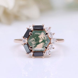 Unique Moss Agate Engagement Promise Ring Beautiful Art Deco Statement Women&#39;s Ring 925 Silver Birthstone Dainty Anniversary Gifted Ring