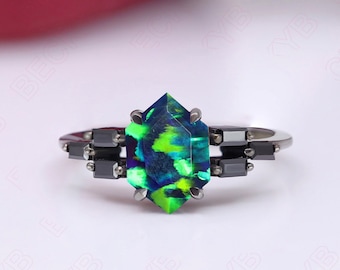 Green Pea Galaxy Inspired Hexagon Opal Engagement Ring Baguette Ring 925 Silver Black Rhodium Ring 14K Gold Ring Wedding Ring Promise Ring