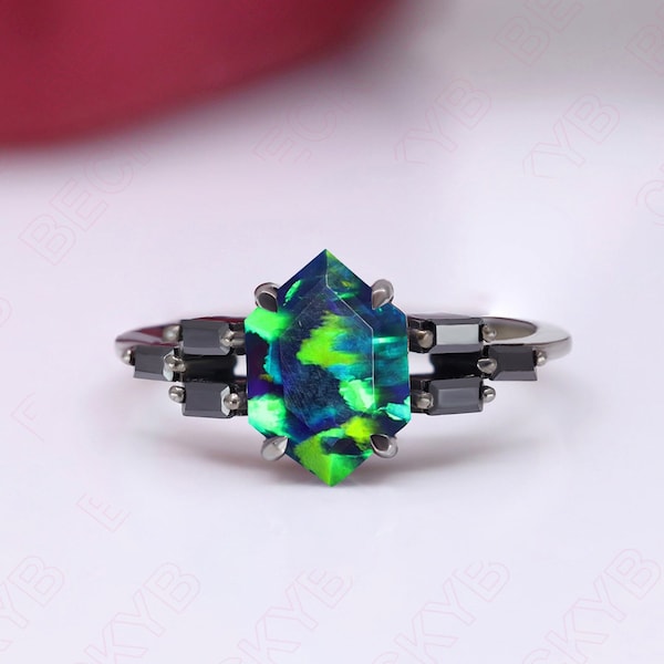 Green Pea Galaxy Inspired Hexagon Opal Engagement Ring Baguette Ring 925 Silver Black Rhodium Ring 14K Gold Ring Wedding Ring Promise Ring