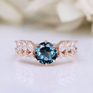 AAA natural London blue topaz gemstone wedding bridal engagement ring 14k rose gold plated art deco anniversary ring birthday  gift for wife