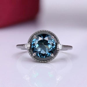 natural London blue topaz gemstone black rhodium plated 925 silver wedding ring engagement ring art deco ring 14k rose gold anniversary ring