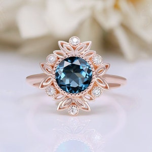 AAA natural London blue topaz gemstone women floral style wedding ring engagement ring art deco ring 14k rose gold plated anniversary ring