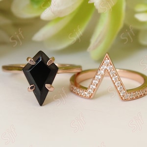 3.15 ct AAA black onyx kite shape solitaire with matching bands , bridal ring set , ring set for women , engagement ring , three ring set