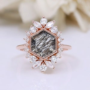 Hexagon Black Rutiled Promise Anniversary Ring Vintage Art Deco 14K Rose Gold Beautiful Women&#39;s Statement Ring Black Rutile Birthstone Ring