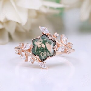 Unique Moss Agate 14K Rose Gold Wedding Bridal Ring Beautiful Moissanite Statement Women Ring 925 Silver Birthstone Christmas Gift Ring