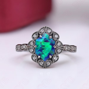 Green Pea Galaxy Inspired Hexagon Opal Engagement Ring Halo Ring 925 Silver Black Rhodium Ring 14K Gold Ring Wedding Ring Promise Ring