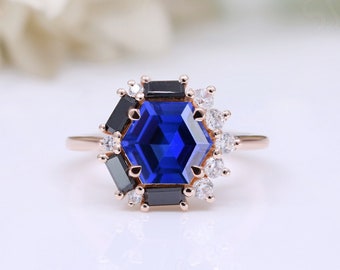Hexagon Blue Sapphire 14K Solid Gold Art Deco Halo Ring  925 Silver Wedding Engagement Ring Art Deco Birthstone Proposal & Love Gift Ring