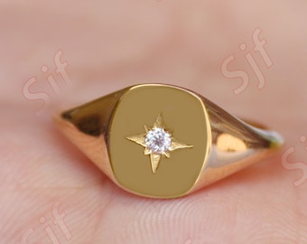 women engagement signet ring * diamond star signer * cushion shape signet ring * handmade ring * signet ring handmade Jewelery woman gift