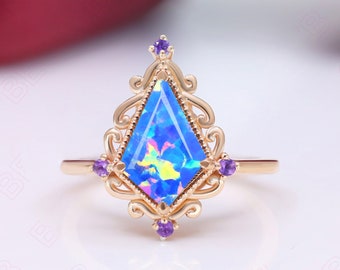 Blue & Green Sea Shore Inspired Kite Fire Opal Engagement Ring Amethyst 925 Silver Ring 14K Rose Gold Ring Wedding Ring Promise Ring Gift
