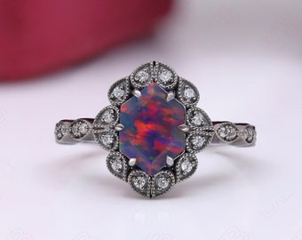 Exploding Star Mixed Color Fire Hexagon Opal Art Deco Ring 925 Silver Black Rhodium Engagement Ring Statement Ring Promise Ring Wedding Ring