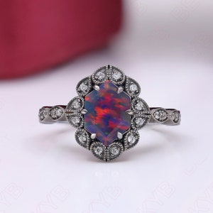 Exploding Star Mixed Color Fire Hexagon Opal Art Deco Ring 925 Silver Black Rhodium Engagement Ring Statement Ring Promise Ring Wedding Ring