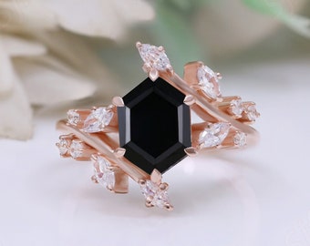 Natuurlijke zwarte onyx zeshoek steen vrouwen bruids verlovingstrouwring 14K roségoud 925 zilver statement belofte art deco ring voor haar