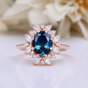 Natürliche London Blue Topaz Verlobungsring Schöne 925 Silber Halo Ring 14K Rose Gold Hochzeit Braut Ring Weihnachten Frauen Geschenk