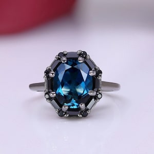 Natural London Blue Topaz Promise Engagement Ring Beautiful 925 Silver Halo Ring Black Rhodium Wedding Bridal Ring Christmas Women Gift