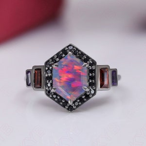 Exploding Star Mixed Color Hexagon Black Opal Halo Ring 925 Silver Black Rhodium Engagement Ring Statement Ring Promise Ring Wedding Ring