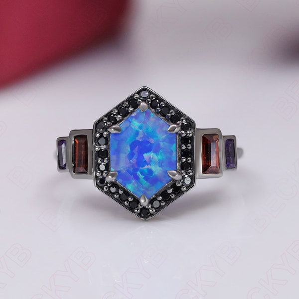 Blue & Green Sea Shore Inspired Hexagon Opal Engagement Ring Red Garnet 925 Silver Black Rhodium Ring Wedding Ring Promise Ring Gift