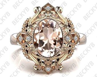 8x6 mm oval shape AAA natural peach morganite stone * art deco vintage ring * diamond ring * anniversary gift * wedding ring * birthstone