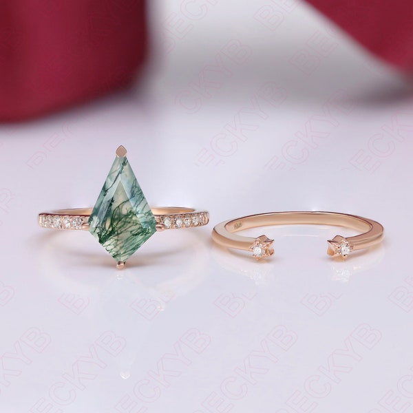 Kite Moss Agate Bridal Ring Set 14K Rose Gold 925 Silver Engagement Ring Set Two Rings Wedding Ring Set Stacking Band Stackable Ring Set