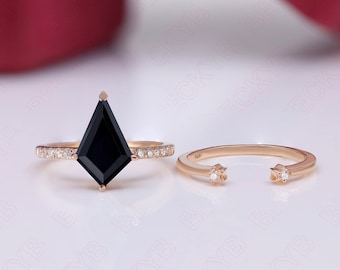 Conjunto de anillos nupciales de compromiso de ónix negro natural con forma de cometa Conjunto único de anillos de bodas de oro rosa de 14 quilates para novia Dos anillos establecidos para regalo de aniversario