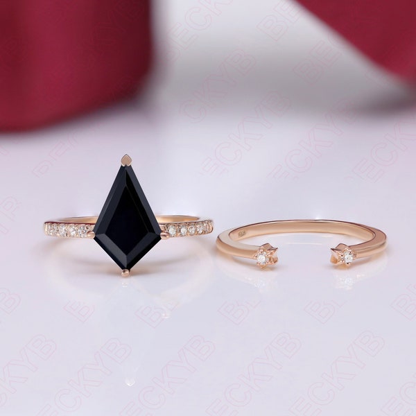 Kite Shape Natural Black Onyx Engagement Bridal Ring Set Unique 14K Rose Gold Wedding Ring Set For Bride Two Rings Set For Anniversary Gift