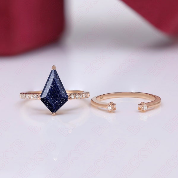 Kite Shape Natural Blue Sandstone Wedding Bridal Anniversary Ring Set 14K Rose Gold Stacking Silver Band Ring Set Engagement Ring Set
