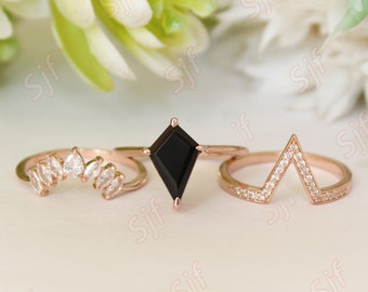 Solitaire en forme de cerf-volant en onyx noir AAA de 3,15 ct avec anneaux assortis, parure de alliances, parure de bagues pour femme, bague de fiançailles, parure de trois bagues