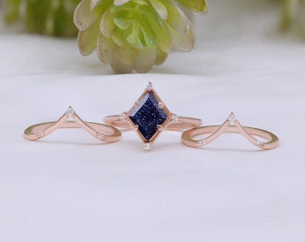 Kite Shape Blue Sandstone Engagement Bridal Wedding Ring Set Sterling Silver Women Dainty Proposal Stacking Rings Set For Her Birthday Gift