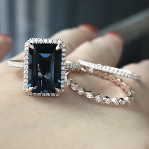 2.25 ct AAA London blue topaz gemstone women engagement ring * three ring set * 8x12 emerald cut blue topaz ring * bridal ring set wife gift