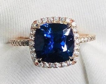 3.48Cts AAA+ Violet Blue Tanzanite Gold Wedding Ring, 14K/18K Solid Gold Engagement Ring For Her, Diamond Halo Ring, Tanzanite Jewelry