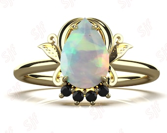 1.24 ct AAA natural pear shape opal October birthstone women vintage ring * 14k gold ring * black rhodium * onyx ring * solitaire ring gift