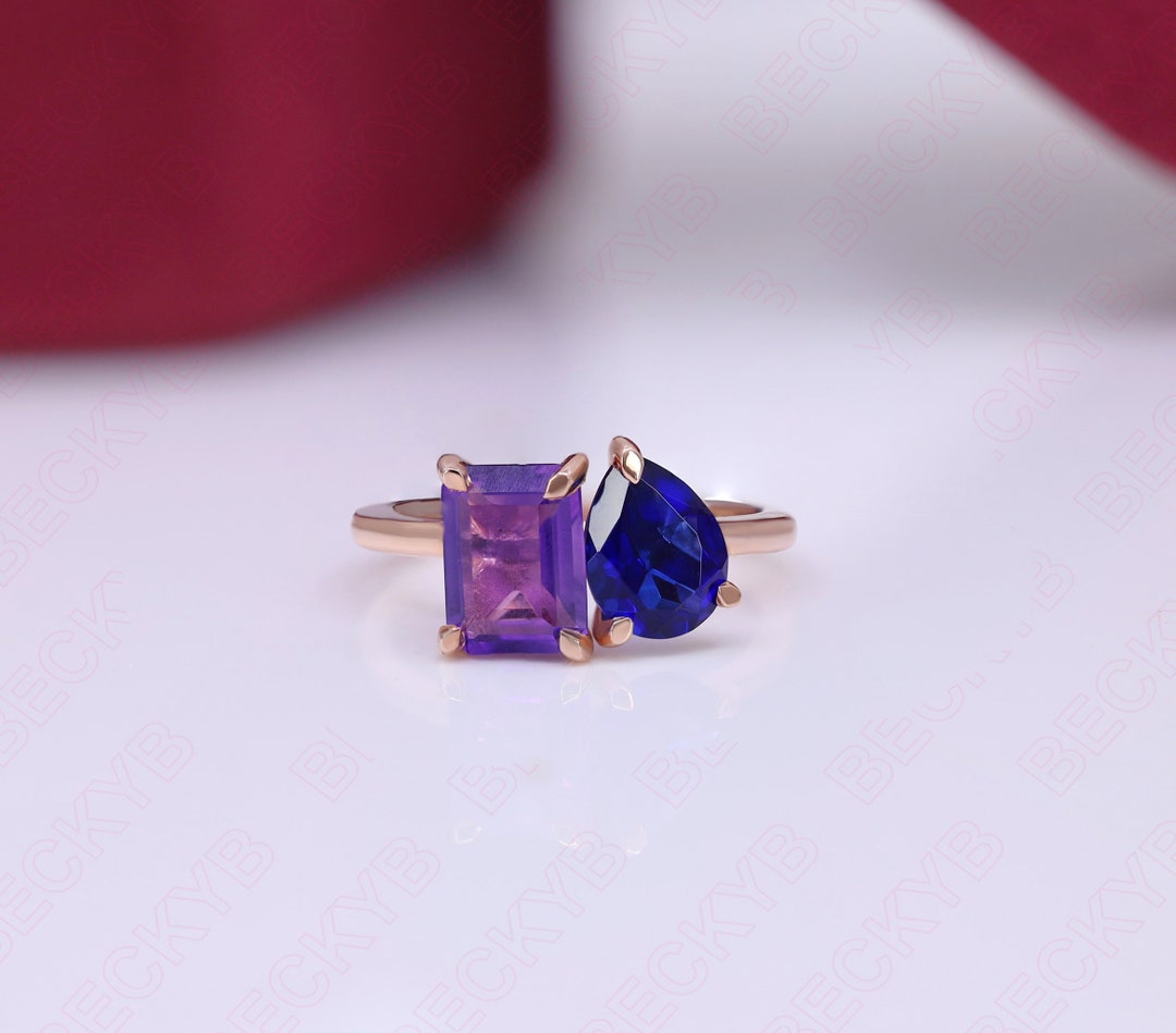 Twinning Rings Twinning Gemstone Ring Pear Blue Sapphire Octagon Amethyst 925 Silver ...