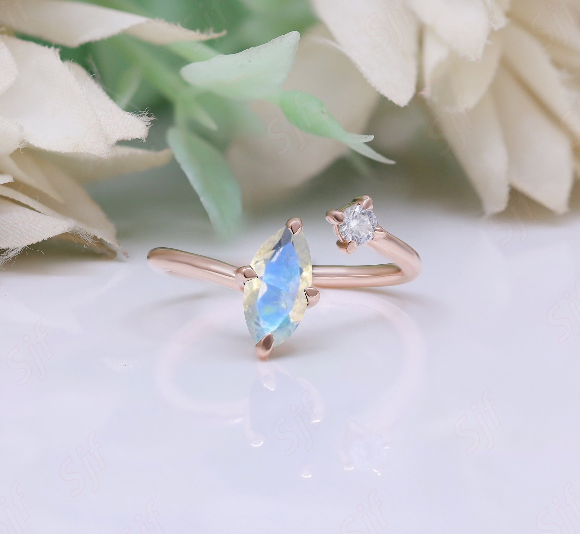 1.25 ct AAA blue fire rainbow moonstone 10x5 marquise gemstone women engagement ring * 14k rose gold ring * wife anniversary gift *