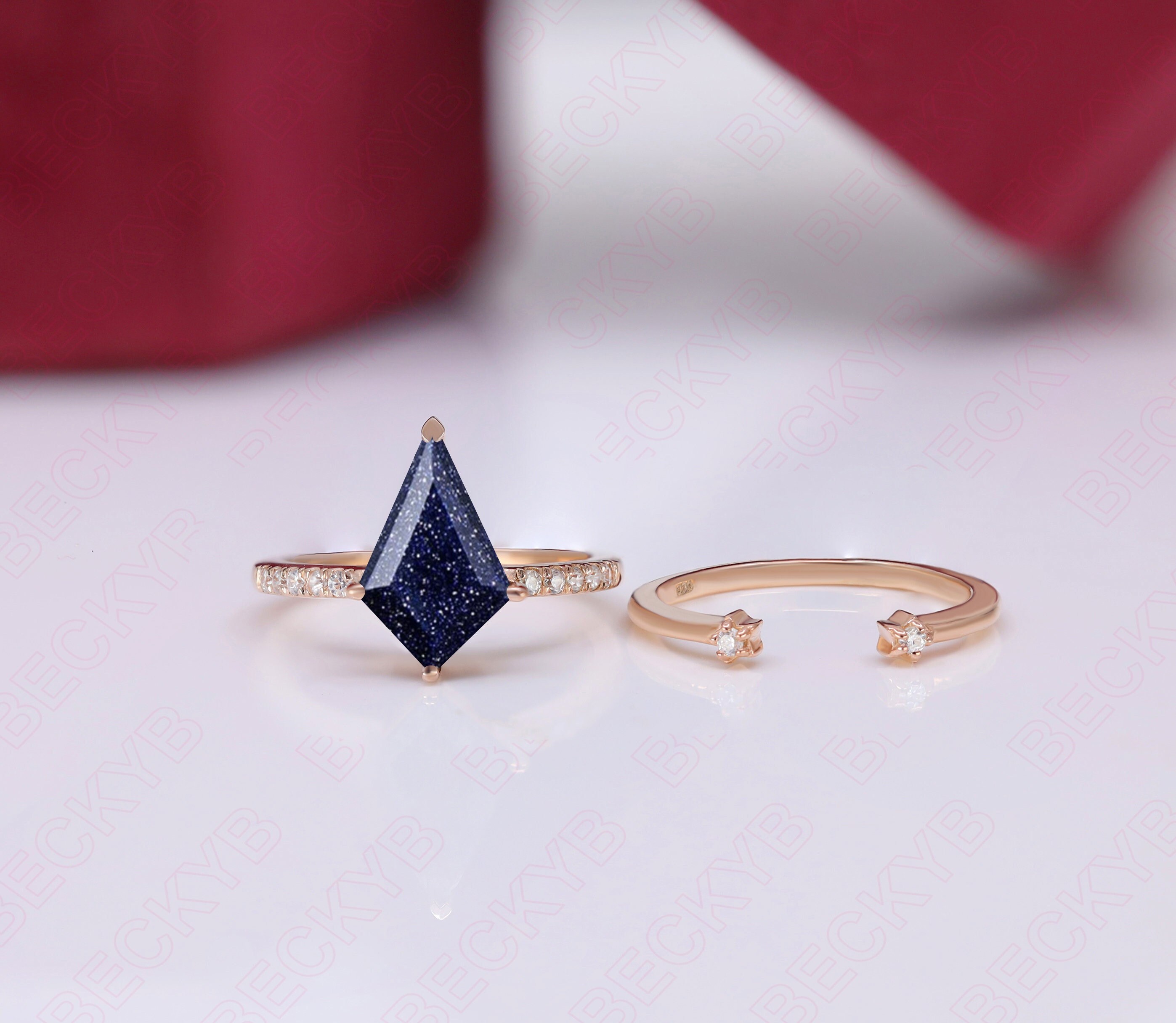 Drachenform, natürlicher blauer Sandstein, Hochzeit, Braut, Jahrestag, Ring-Set, 14 Karat Roségold, stapelbares Silber-Band-Ring-Set, Verlobungsring-Set
