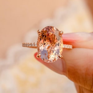 14k rose gold 4.20 ct AAA Peach morganite gemstone diamond woman solitaire ring, oval stone ring, pave diamond, claw set gemstone ring gift