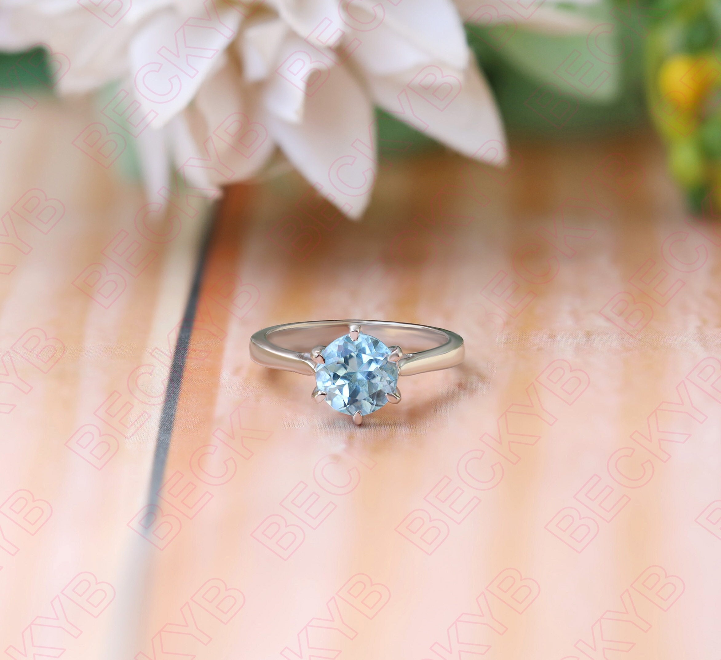 Klaar om te verzenden natuurlijke ronde aquamarijn edelsteen solitaire verlovingsringen zilveren ringen Statement belofte trouwring voor haar cadeau voor vrouw