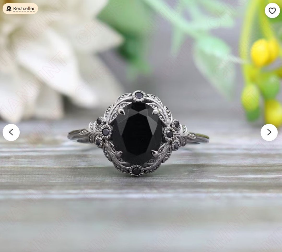 Black Rhodium Ring for Women * Engagement Ring With Black Onyx Natural ...