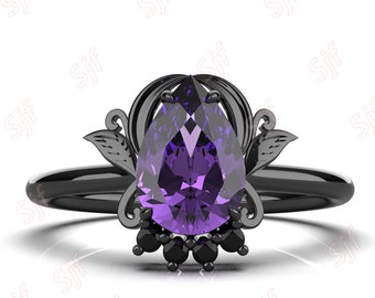 1.24 ct AAA natural pear shape amethyst February birthstone women  ring * 14k gold ring * black rhodium * onyx ring * solitaire ring gift